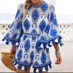 Goodnight Macaroon Blue and White Floral Romper